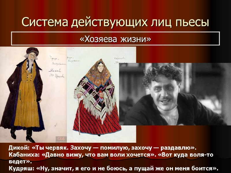 Система действующих лиц пьесы Дикой: «Ты червяк. Захочу — помилую, захочу — раздавлю». Кабаниха: